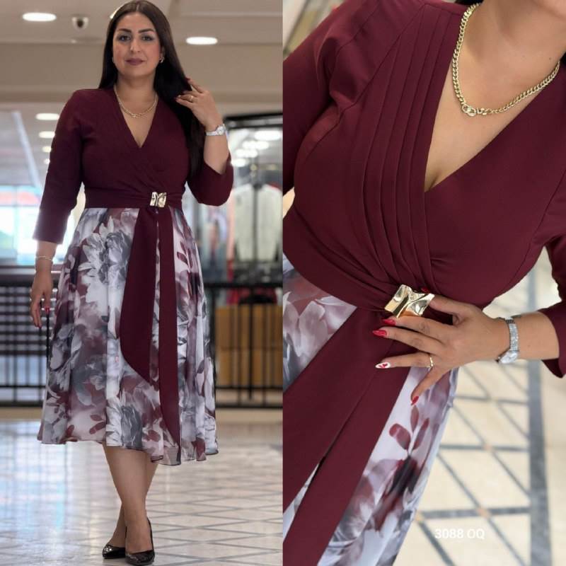 Women’s Elegant Wrap Midi Dress with Floral Skirt and Belt