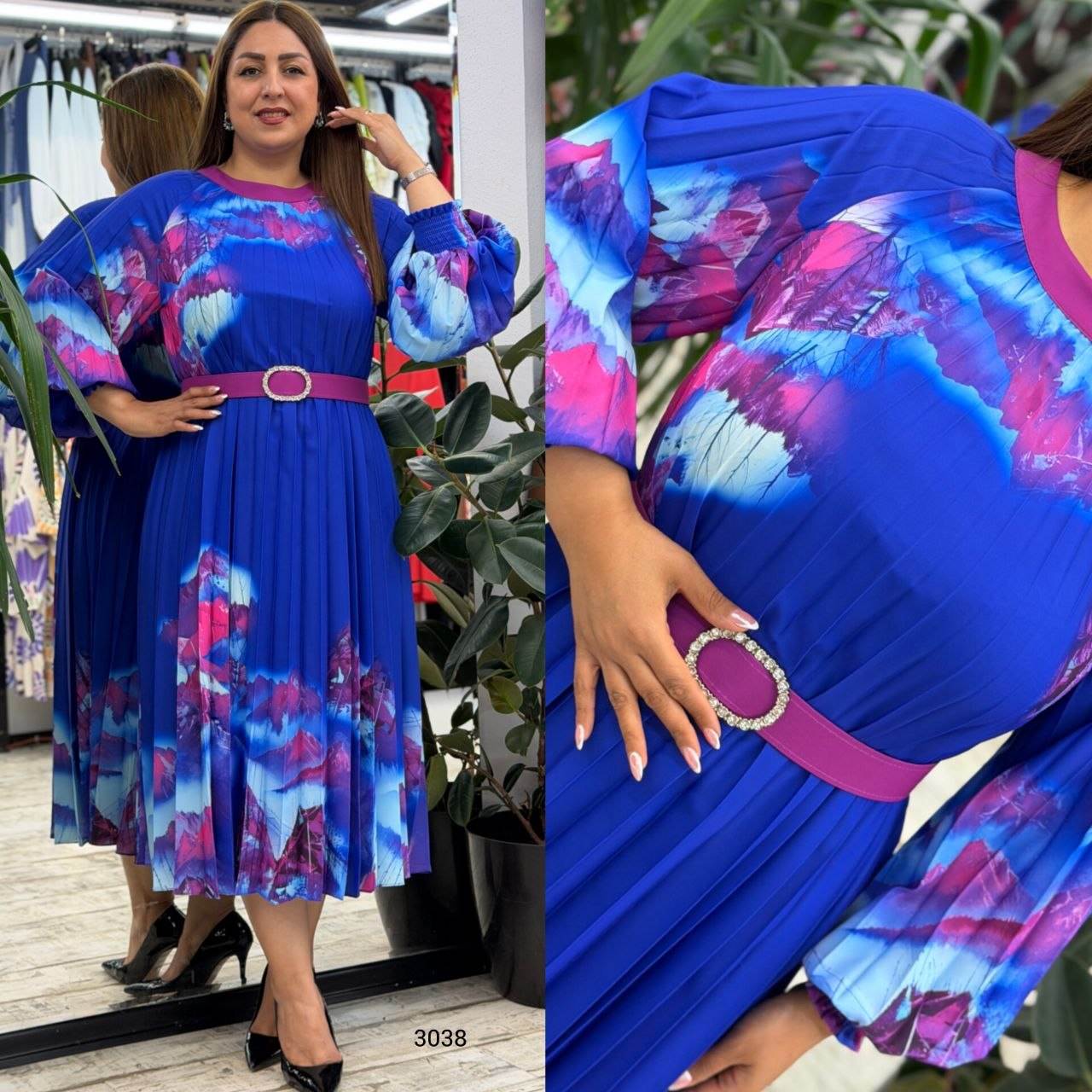 Pleated Patterned Midi Dress with Belt and Round Neck Detail