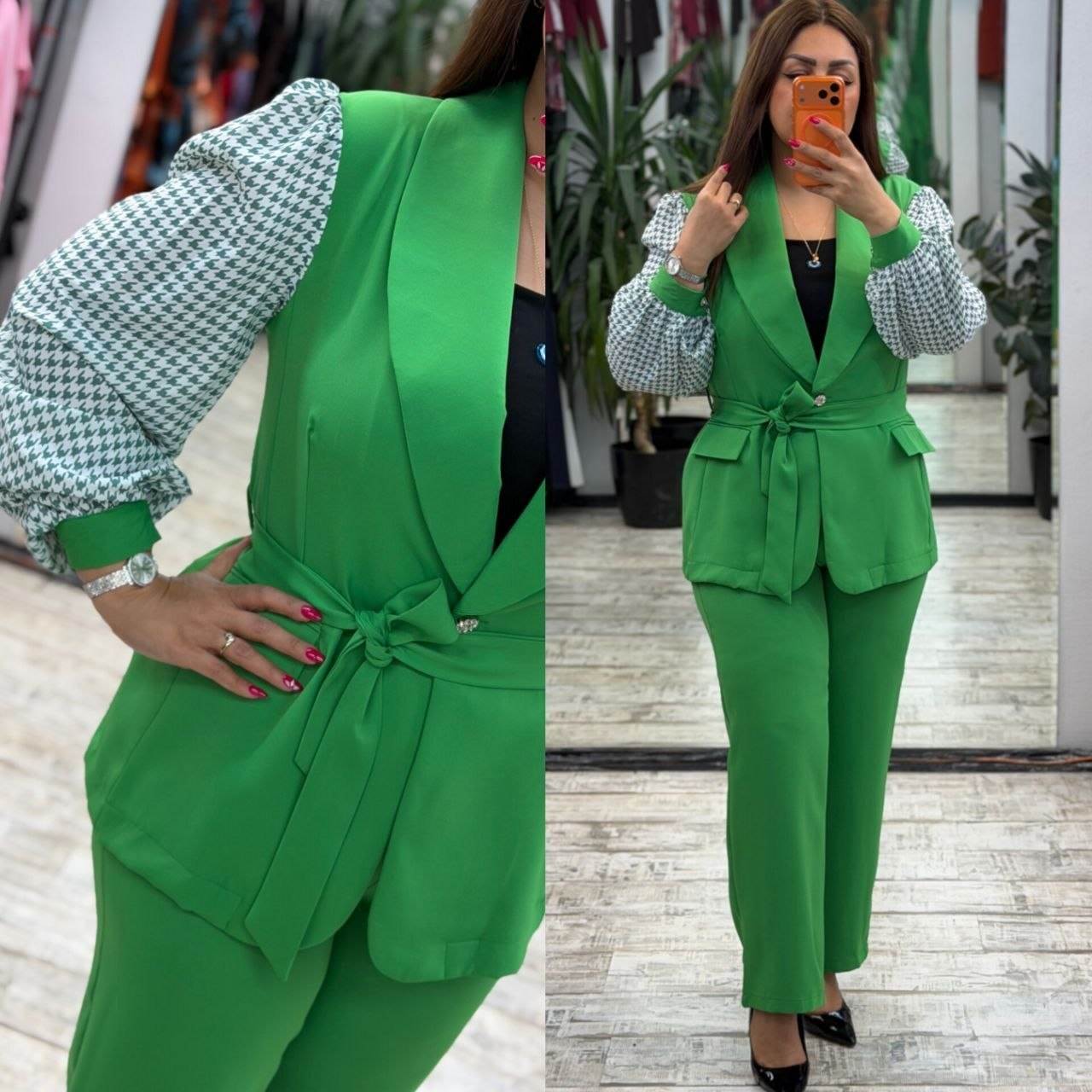 Women’s Shawl Collar Tie Waist Houndstooth Sleeve Pants Set