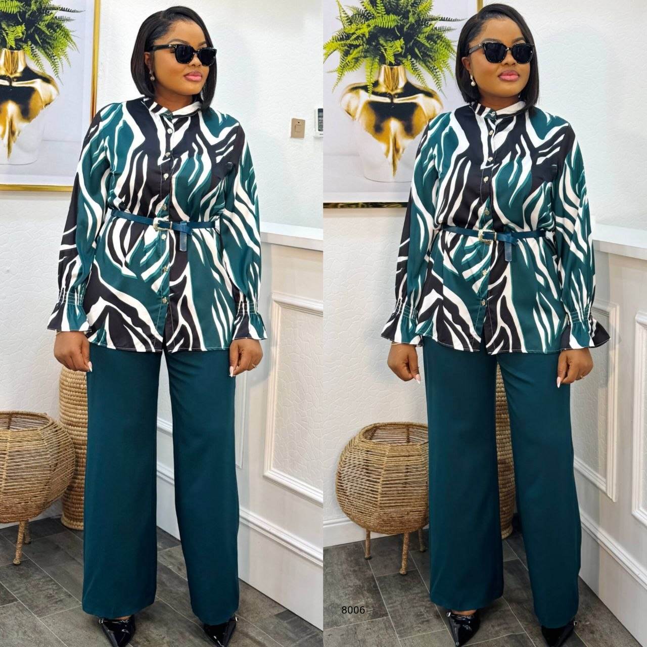 atterned Belted Two-Piece Set with Ruffle Details