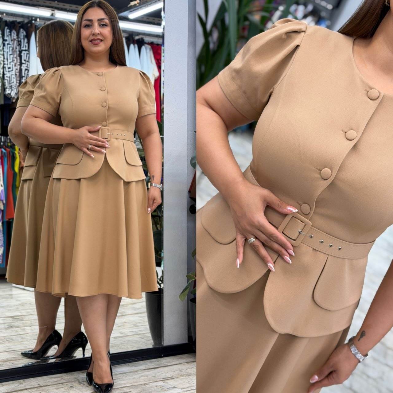 Women’s Round Neck Button Detail Short Puff Sleeve Belted Midi Dress