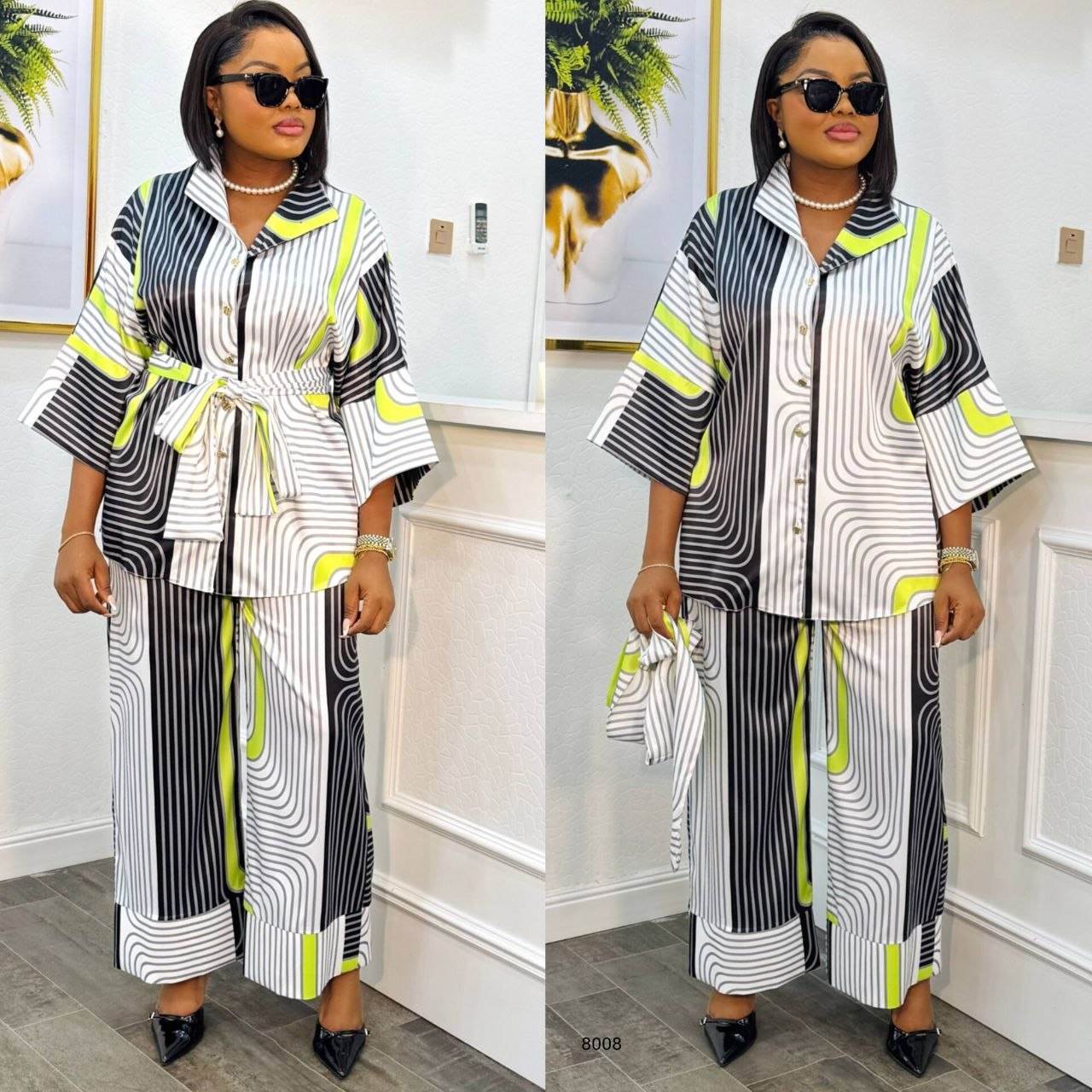 Striped Pattern Belted Two-Piece Set