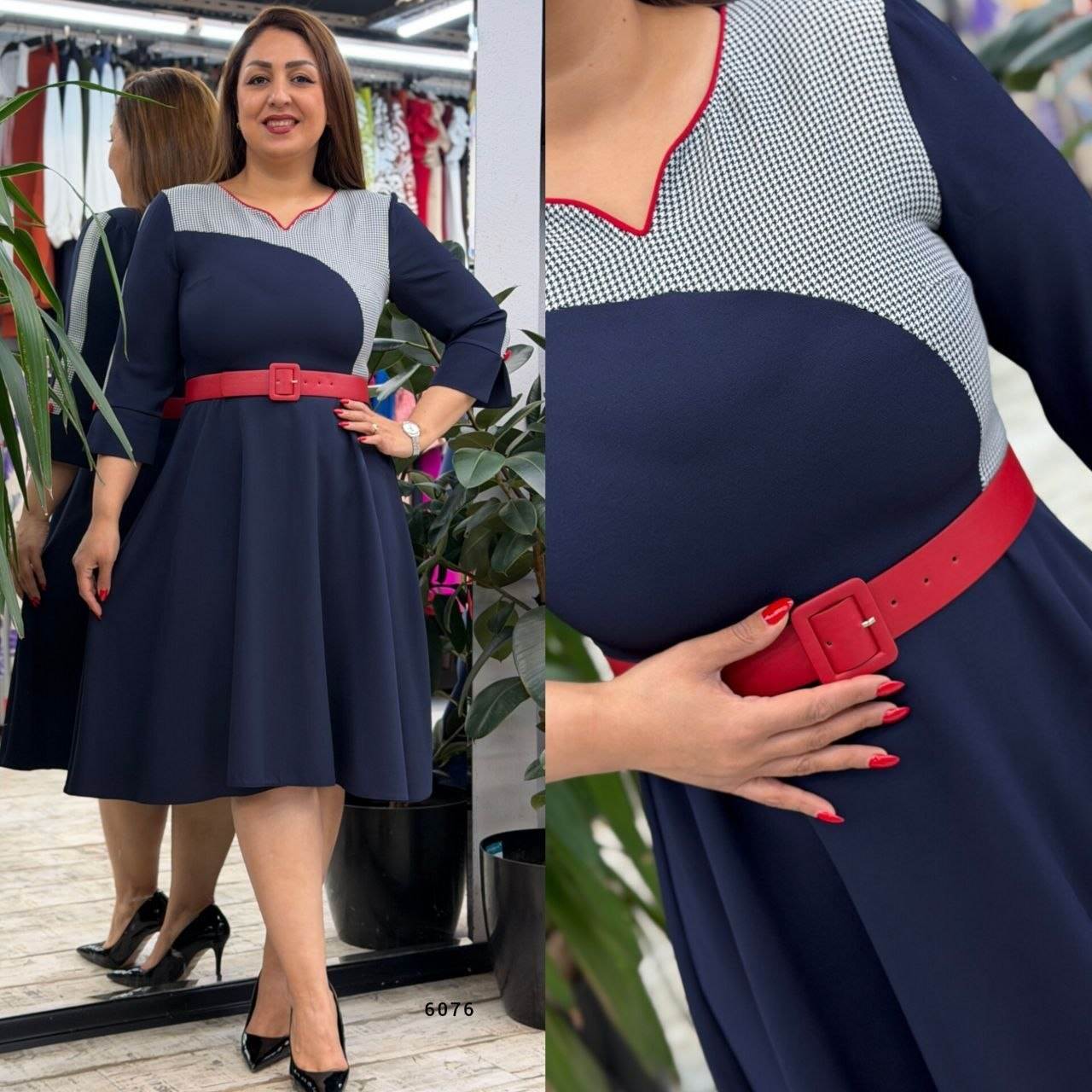 Round Neck Belted Contrast Detail Midi Dress