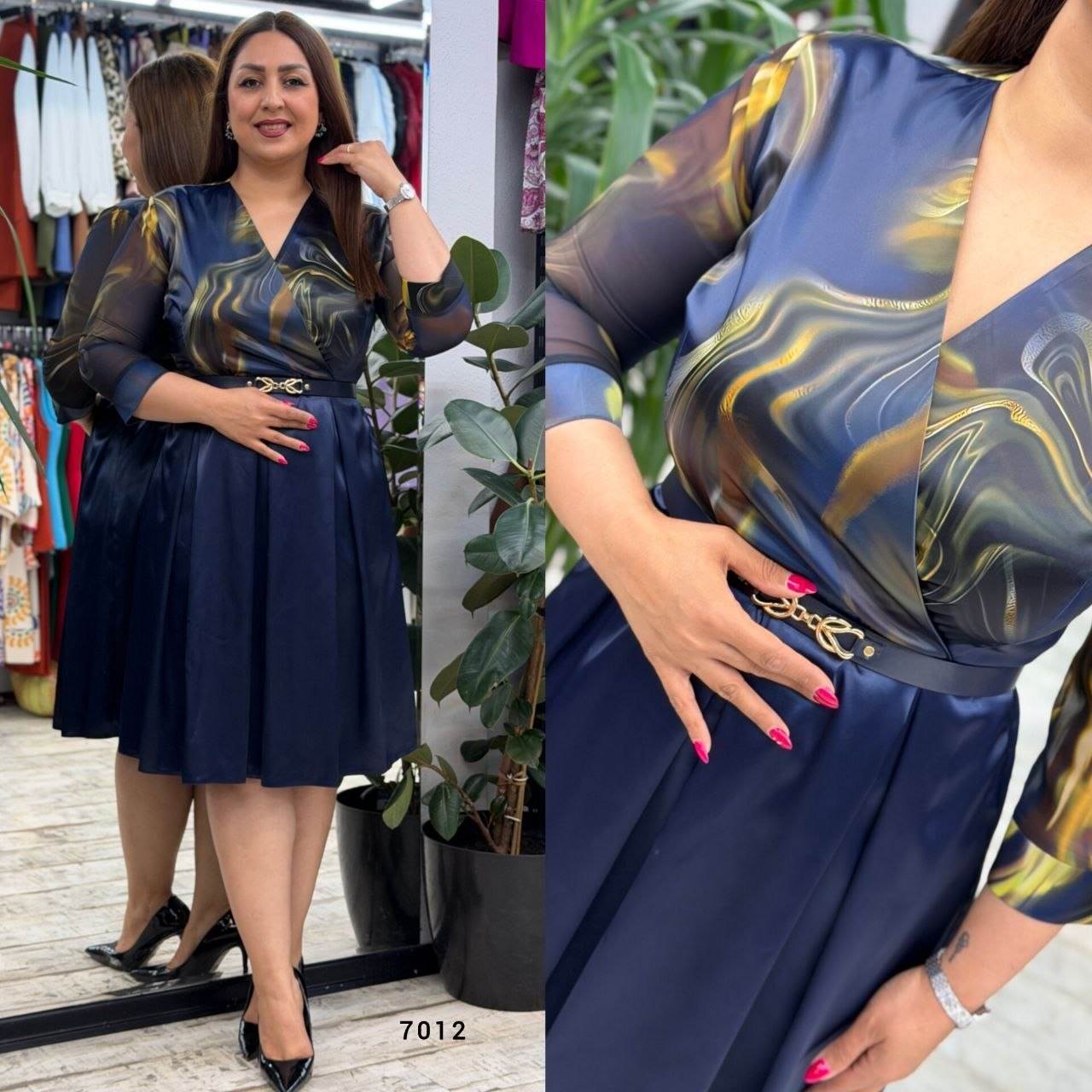 Printed Wrap Neck Belted Dress