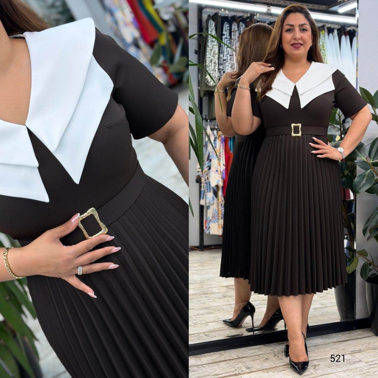 Statement Collar Belted Pleated Dress