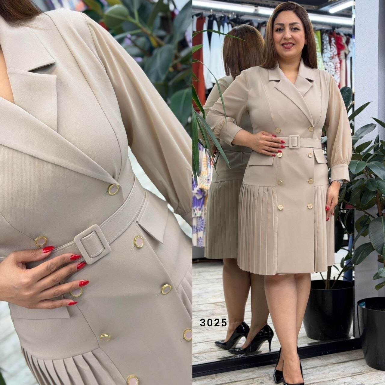 Belted Wrap Collar Pleated Elegant Dress