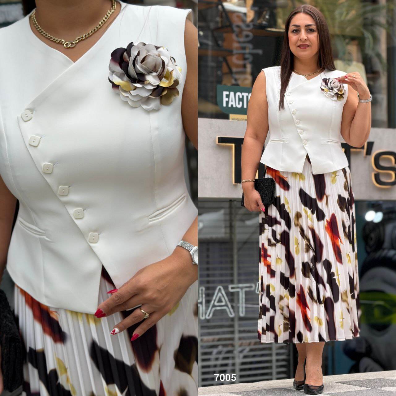 Women’s Elegant Vest & Pleated Floral Skirt Set with 3D Flower Detail