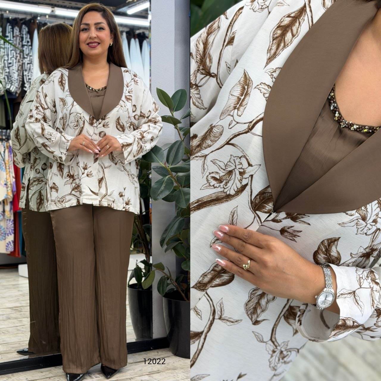 Women’s Printed Shawl Collar 3-Piece Jacket Blouse & Pants Set