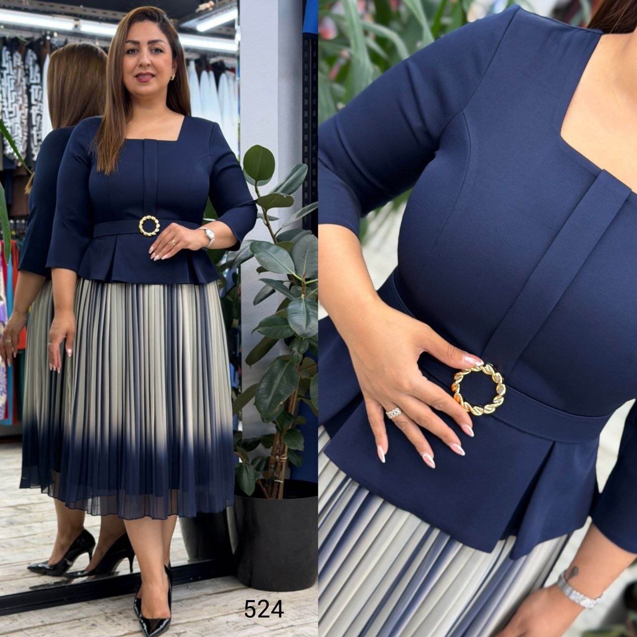 Square-Neck Belted Peplum Top & Ombre Pleated Midi Skirt Set