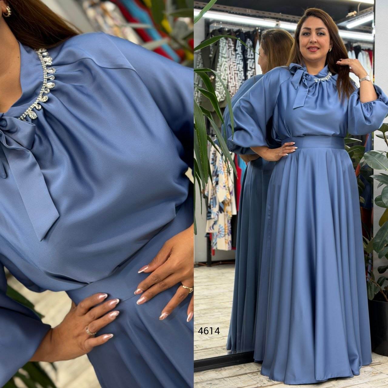 Women’s Embellished Neck Tie Detail Balloon Sleeve Maxi jacket whit blouse
