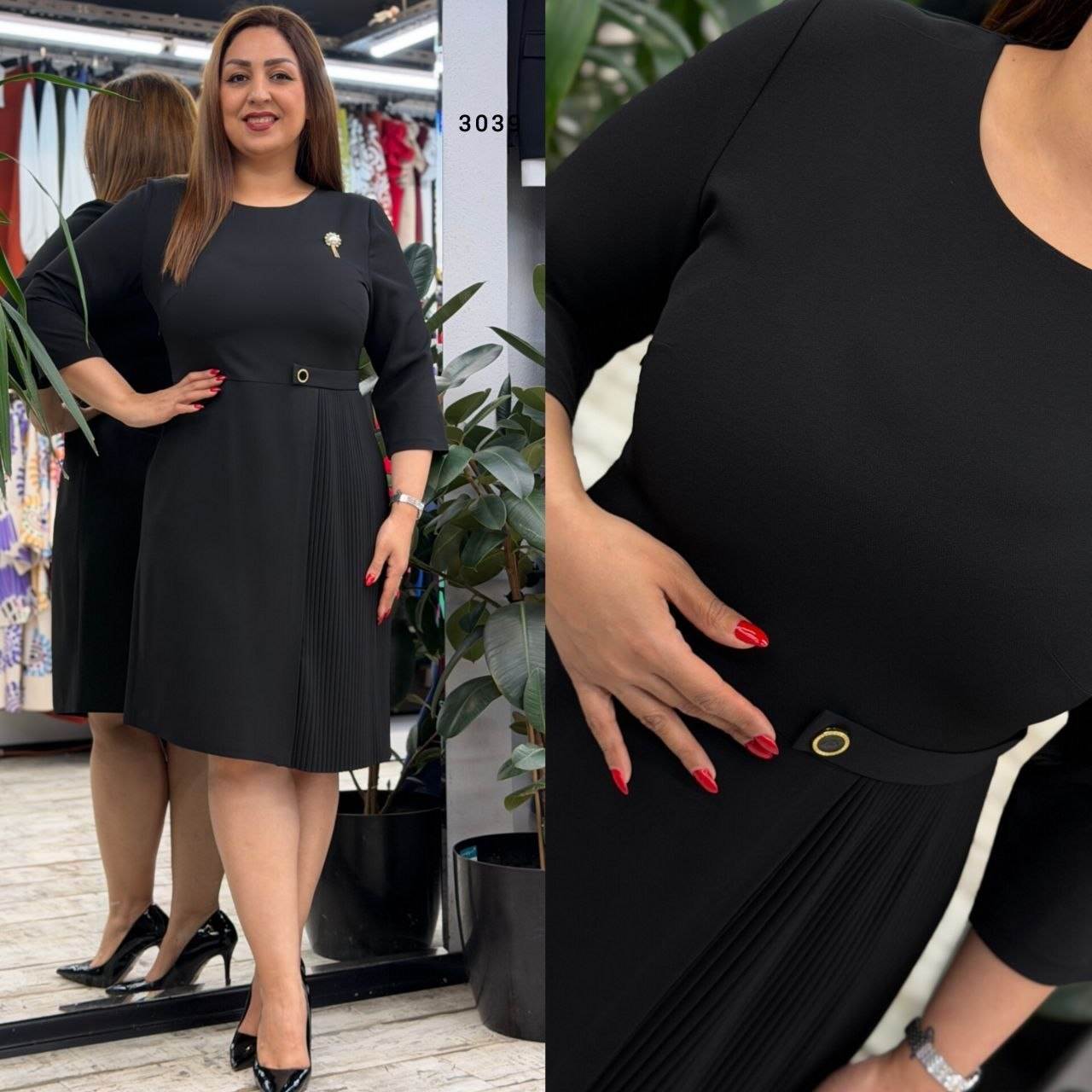 Women’s Crew Neck Belt Detail 3/4 Sleeve Midi Dress