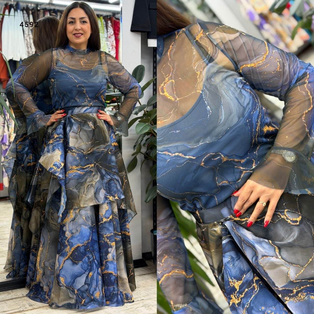 Marble-Print Chiffon Maxi Dress with Ruffled Skirt and Belt Detail