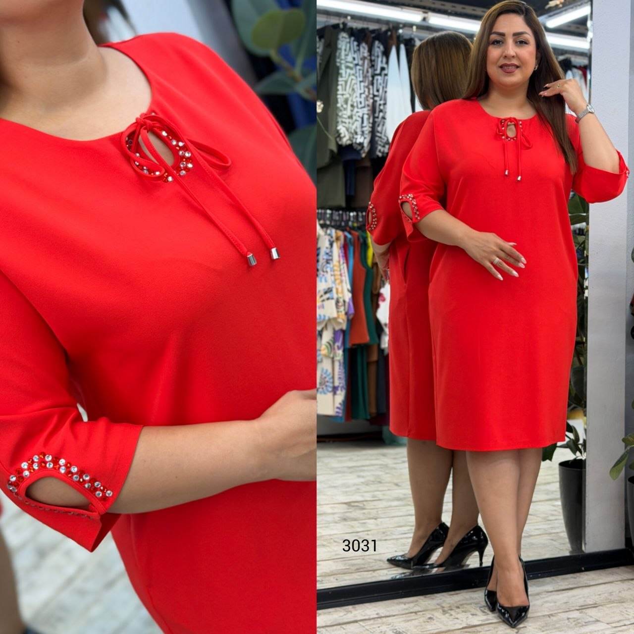 Women’s Round Neck Tie Detail Rhinestone Sleeve Detail Knee-Length Dress