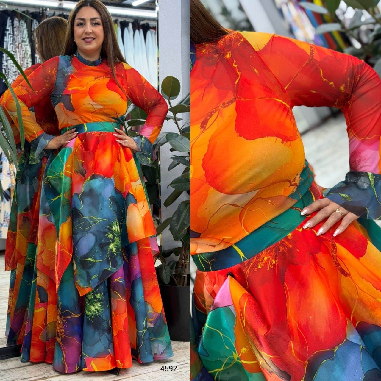 Abstract Print High-Neck Mesh Layered Maxi Dress