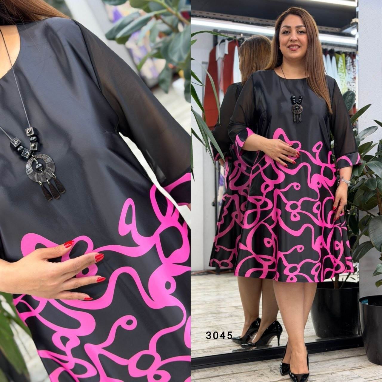 Women’s Patterned Midi Dress with Sheer Sleeves and Necklace Detail