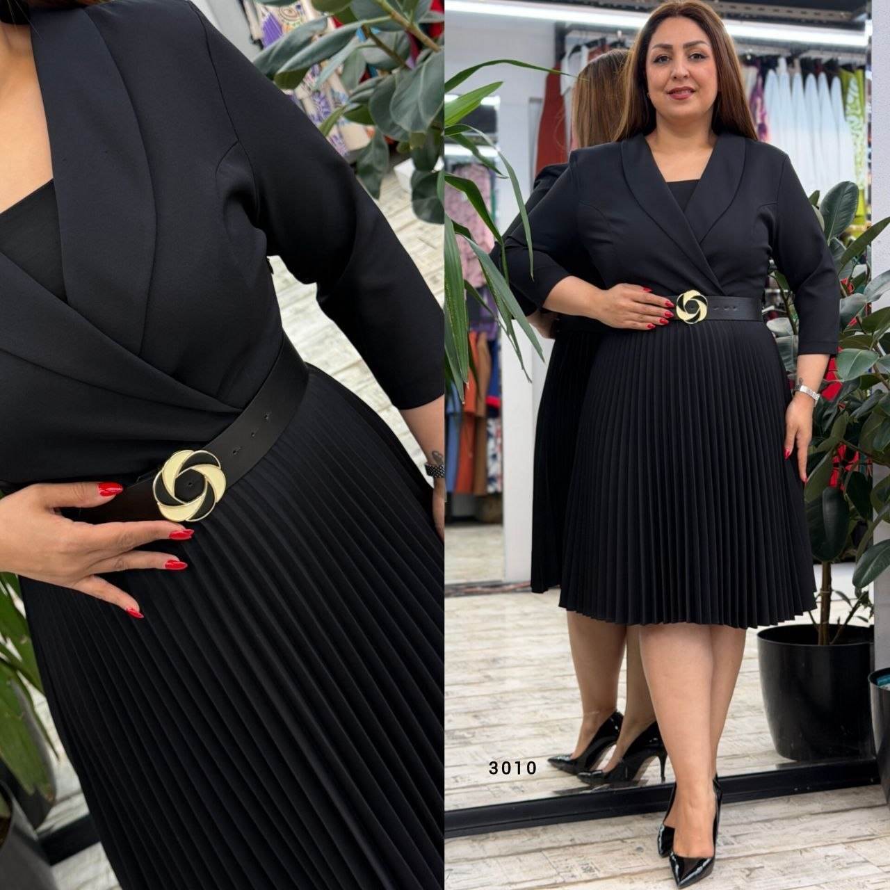 Women’s Wrap Neck Belt Buckle Pleated Midi Dress