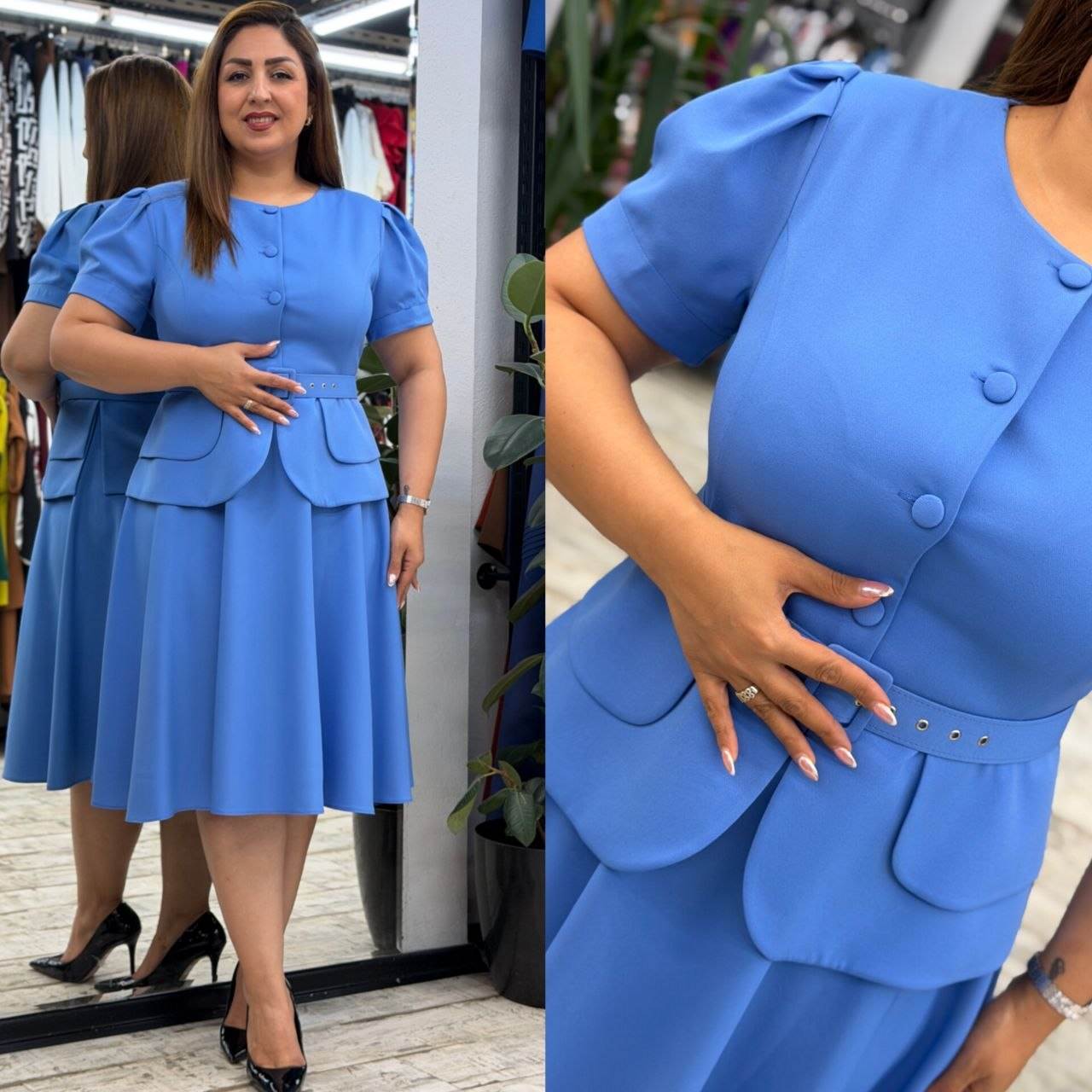 Women’s Round Neck Button Detail Short Puff Sleeve Belted Midi Dress