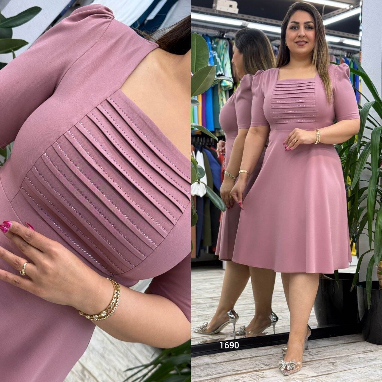 Square-Neck Pleated & Sparkle Detail A-Line Midi Dress