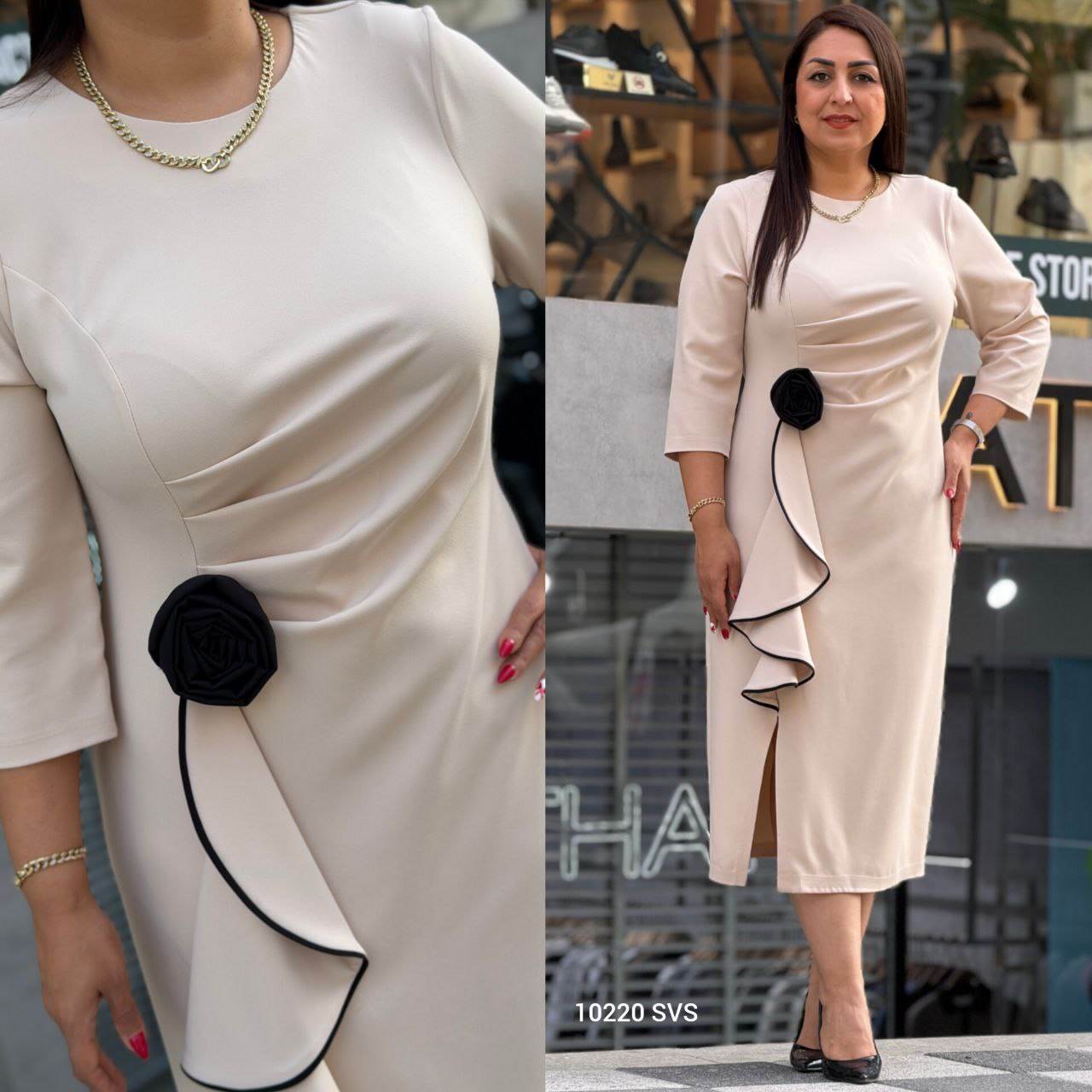 Women’s Elegant Black Midi Dress with 3D Rose Detail and Side Ruffle