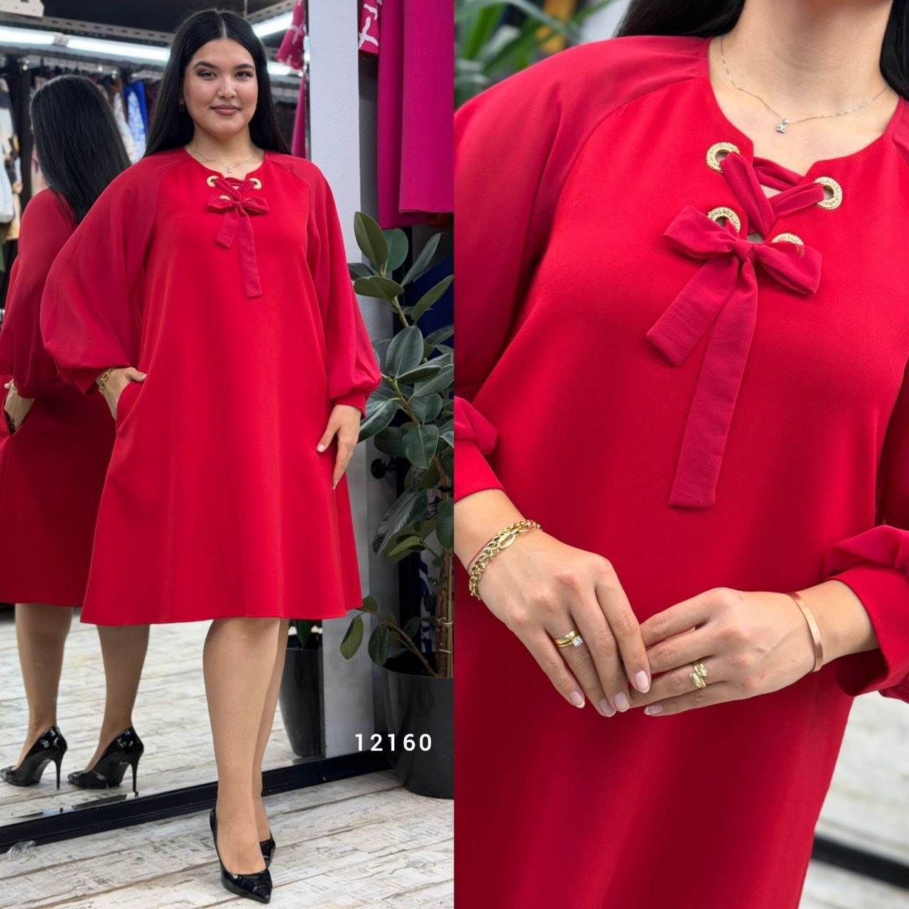 Grommet Lace-Up Neckline Balloon Sleeve Loose Mini Dress