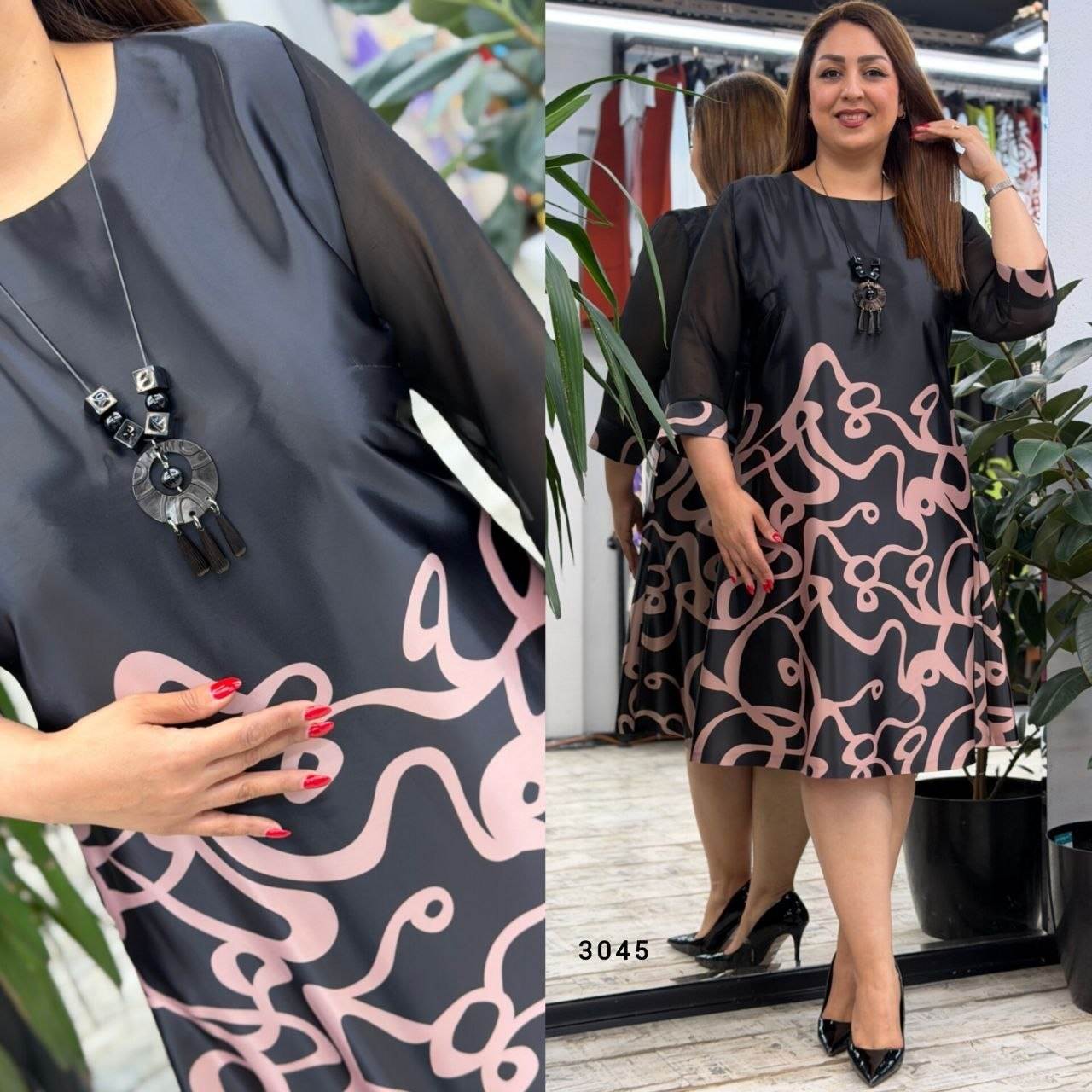 Women’s Patterned Midi Dress with Sheer Sleeves and Necklace Detail