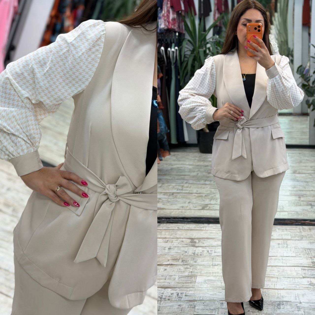 Women’s Shawl Collar Tie Waist Houndstooth Sleeve Pants Set
