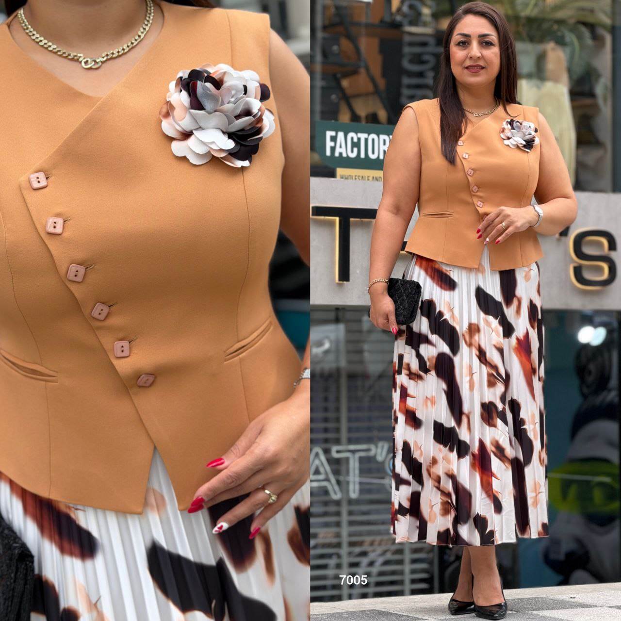 Women’s Elegant Vest & Pleated Floral Skirt Set with 3D Flower Detail