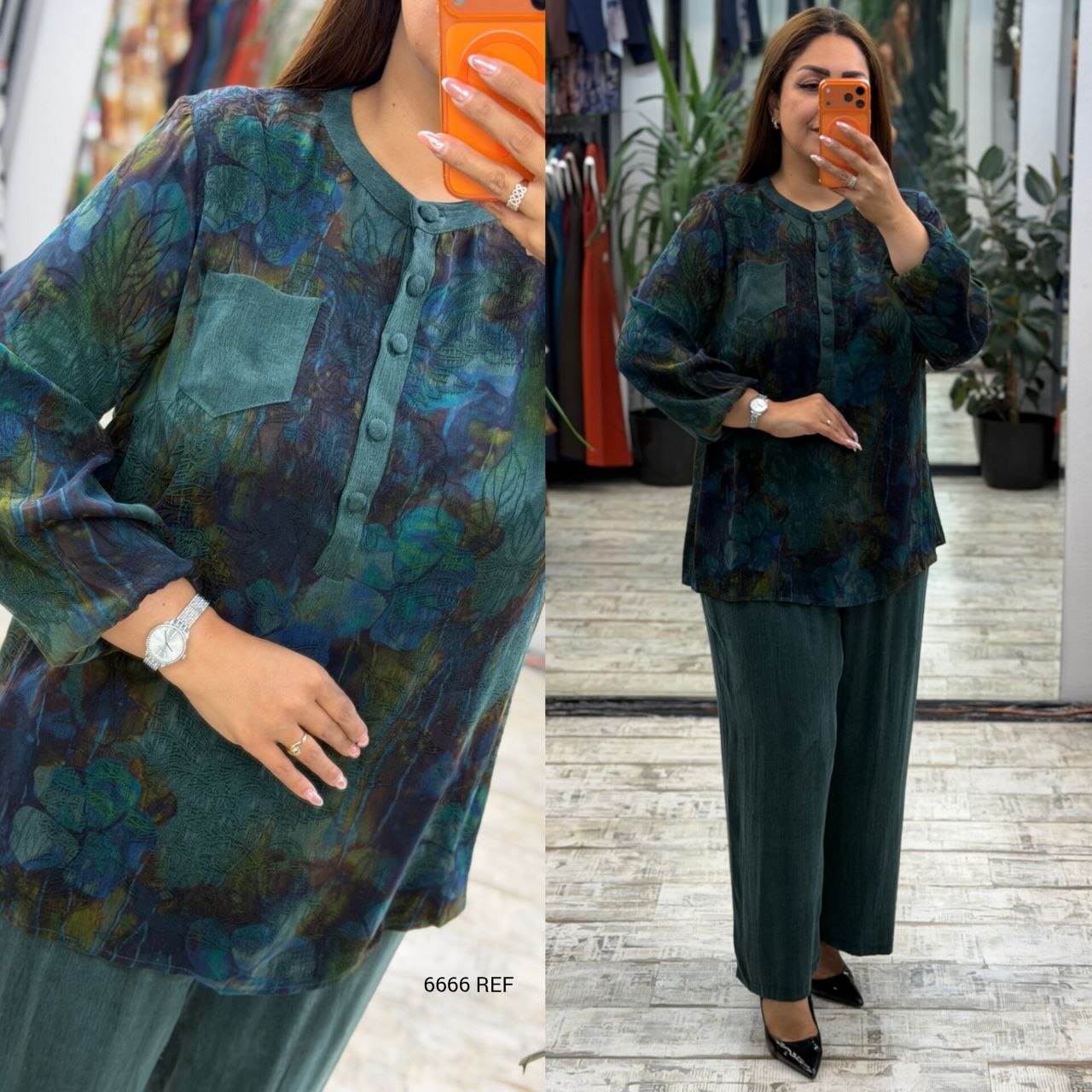 Women’s Crew Neck Button Detail Pocket Long Sleeve Blouse and Wide Leg Pants Set