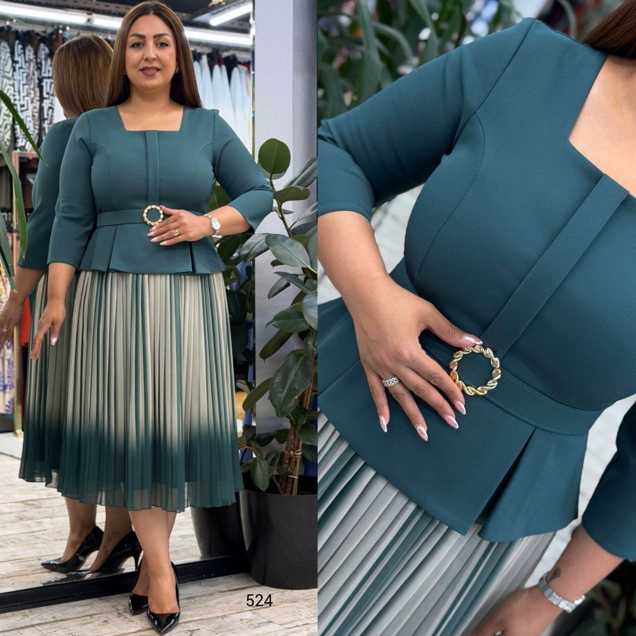 Square-Neck Belted Peplum Top & Ombre Pleated Midi Skirt Set