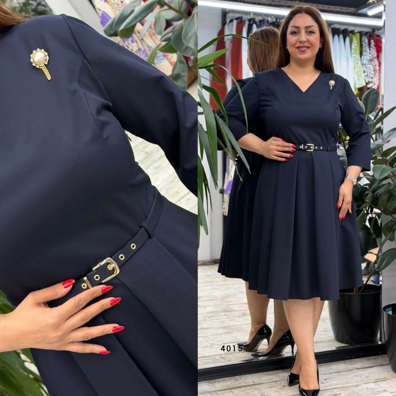V-Neck Belted Pleated Midi Dress with Brooch Detail