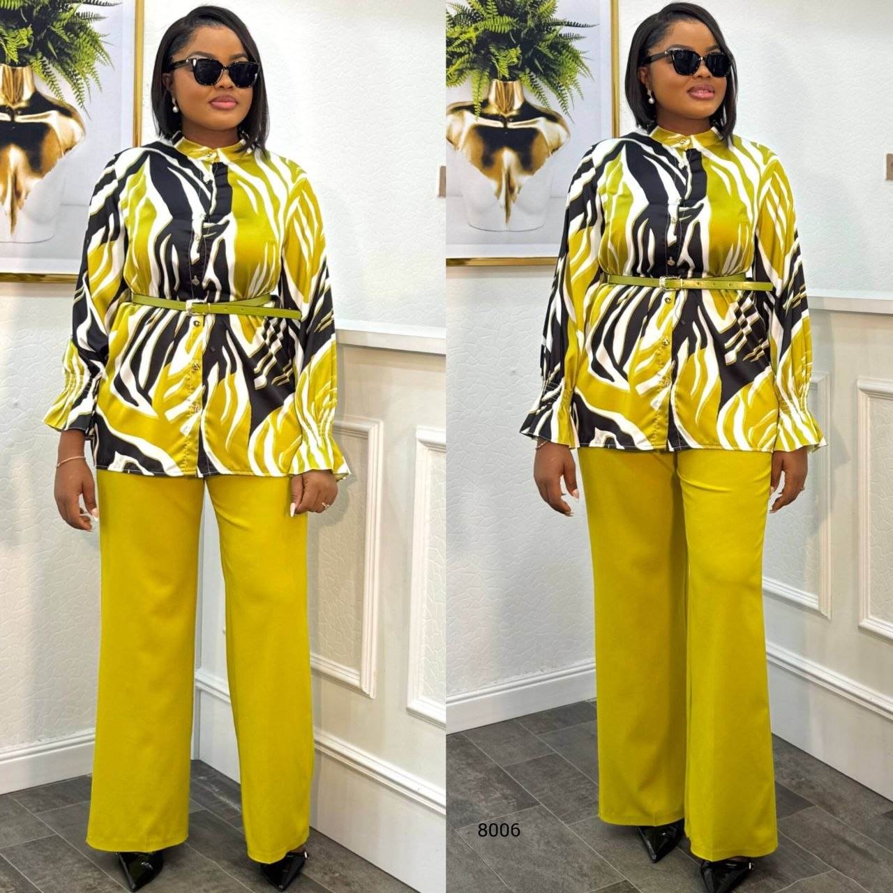 atterned Belted Two-Piece Set with Ruffle Details