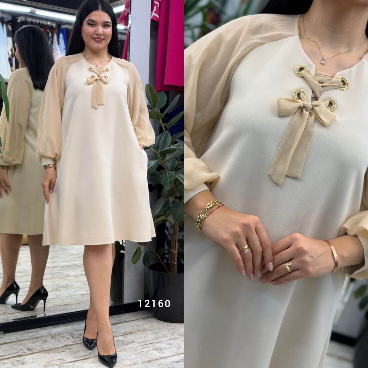 Grommet Lace-Up Neckline Balloon Sleeve Loose Mini Dress