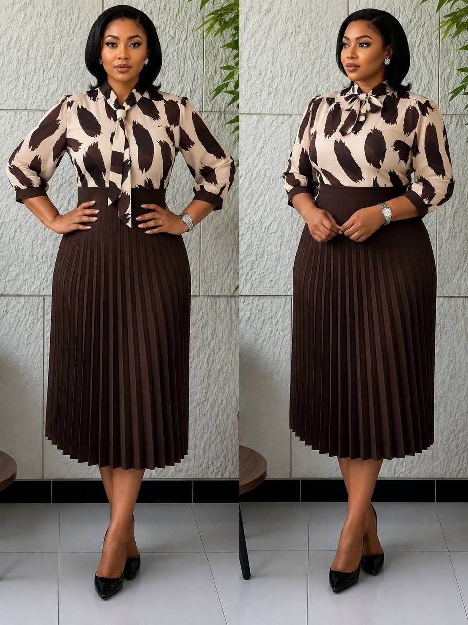 Burgundy midi dress with pleated skirt detail and bow necklin