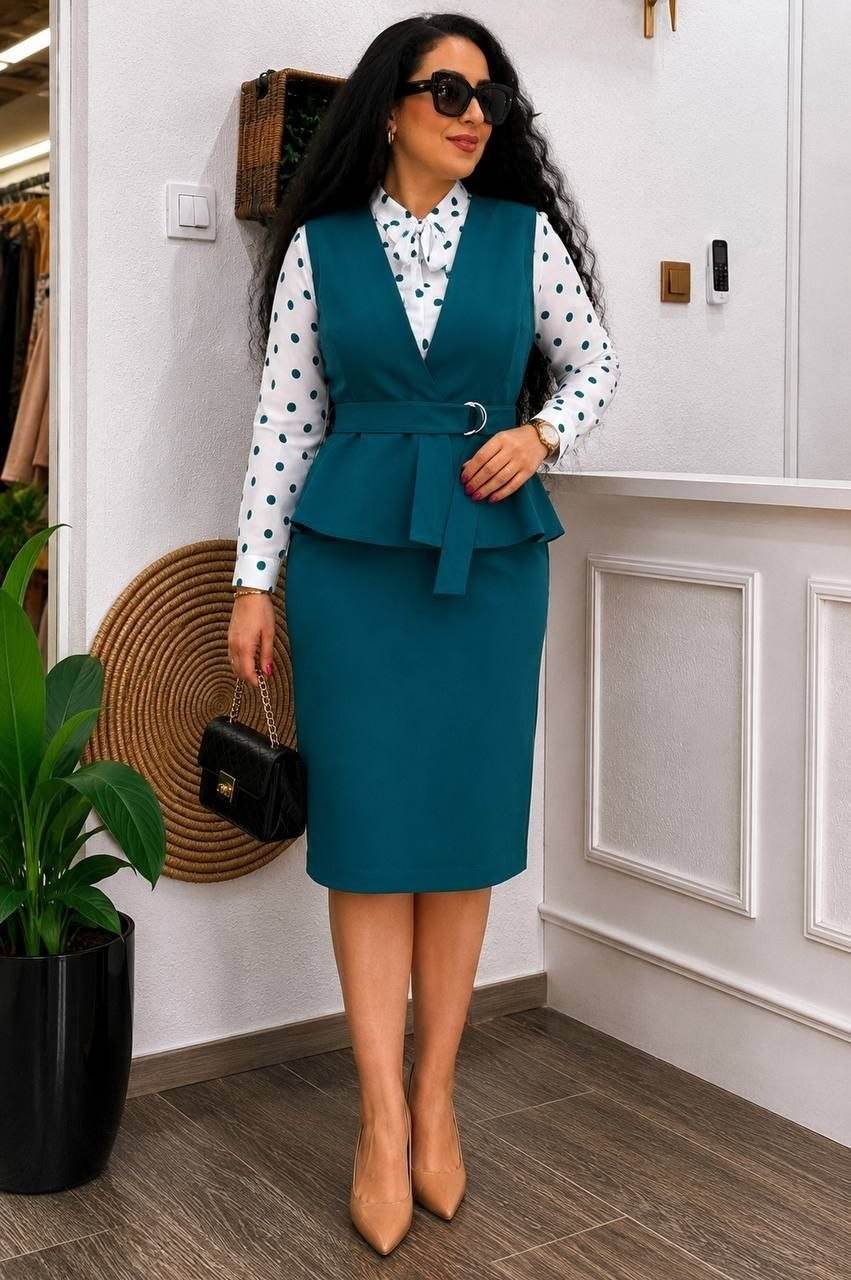 Polka Dot Blouse & Belted Dress Set