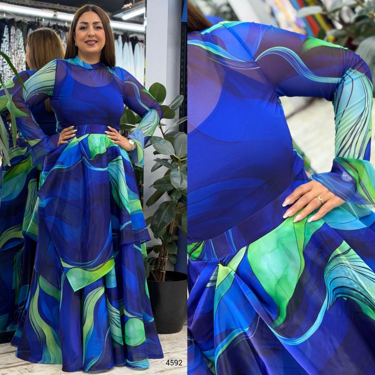 Abstract Print High-Neck Mesh Layered Maxi Dress