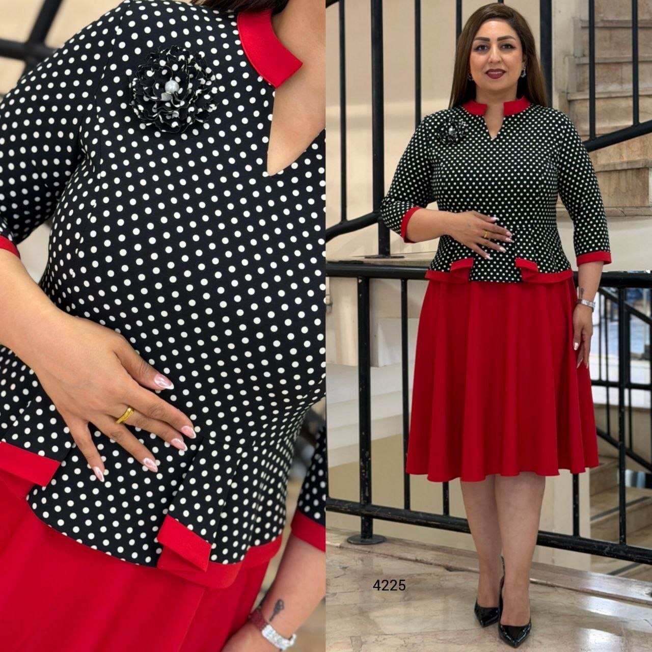 Elegant Polka Dot Brooch Detail Dress
