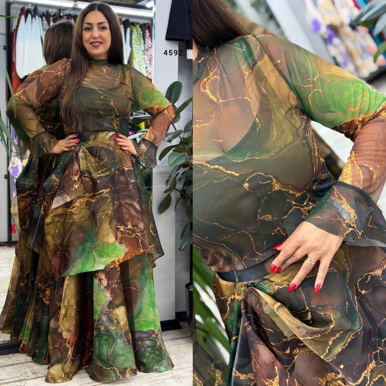 Marble-Print Chiffon Maxi Dress with Ruffled Skirt and Belt Detail