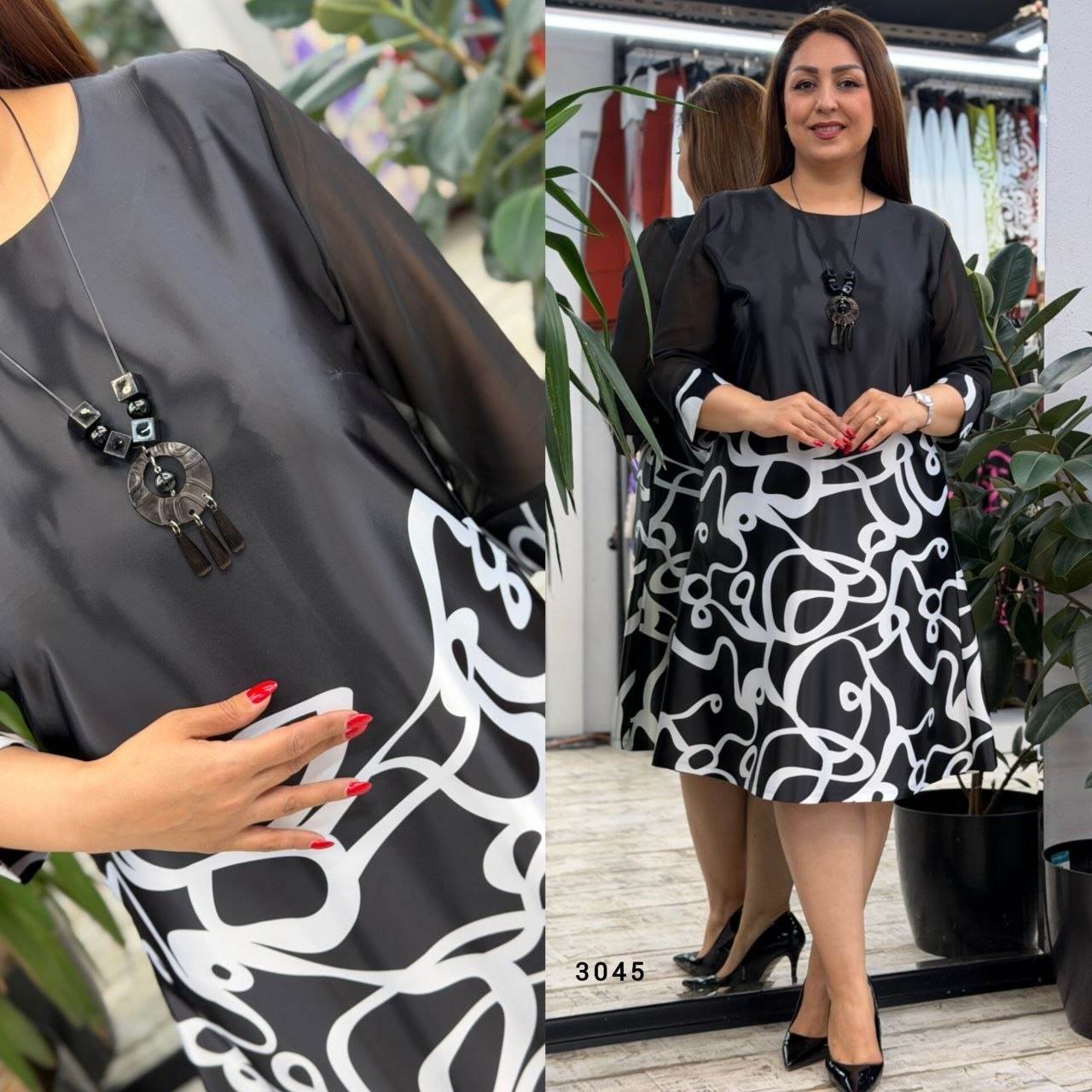 Women’s Patterned Midi Dress with Sheer Sleeves and Necklace Detail