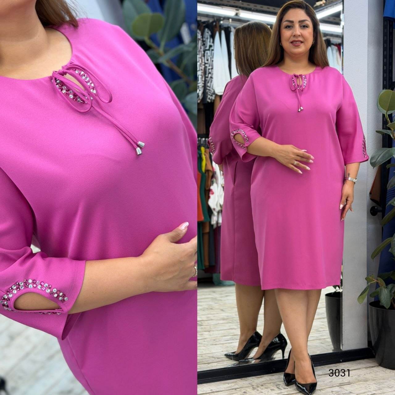 Women’s Round Neck Tie Detail Rhinestone Sleeve Detail Knee-Length Dress