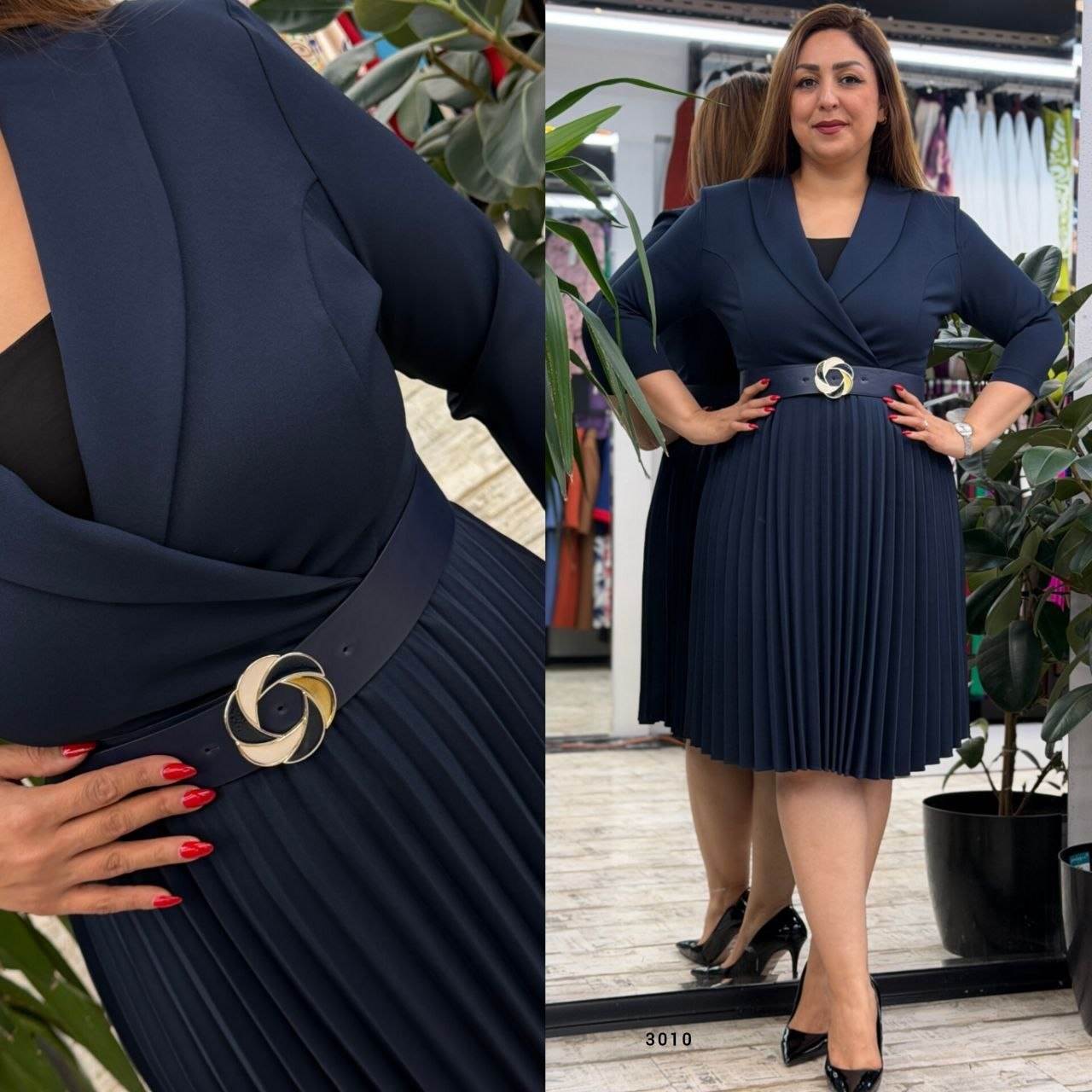 Women’s Wrap Neck Belt Buckle Pleated Midi Dress