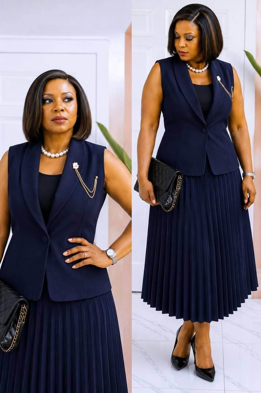 Women’s Shawl Collar Single Button Brooch Detail Sleeveless Vest and Pleated Midi Skirt Set