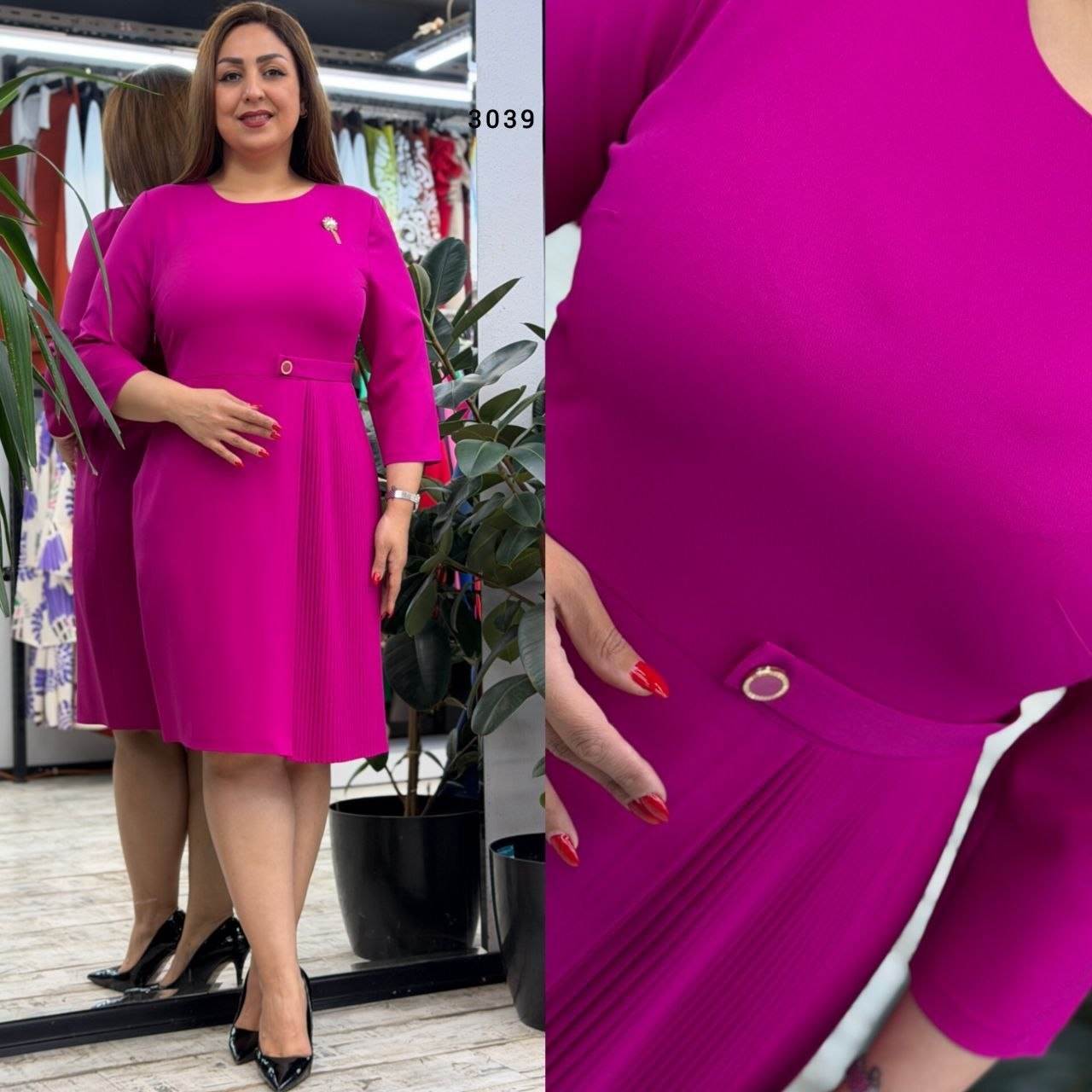 Women’s Crew Neck Belt Detail 3/4 Sleeve Midi Dress