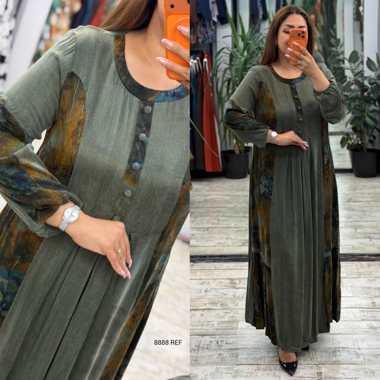 Women’s Crew Neck Button Detail Long Sleeve Patterned Panel Maxi Dress