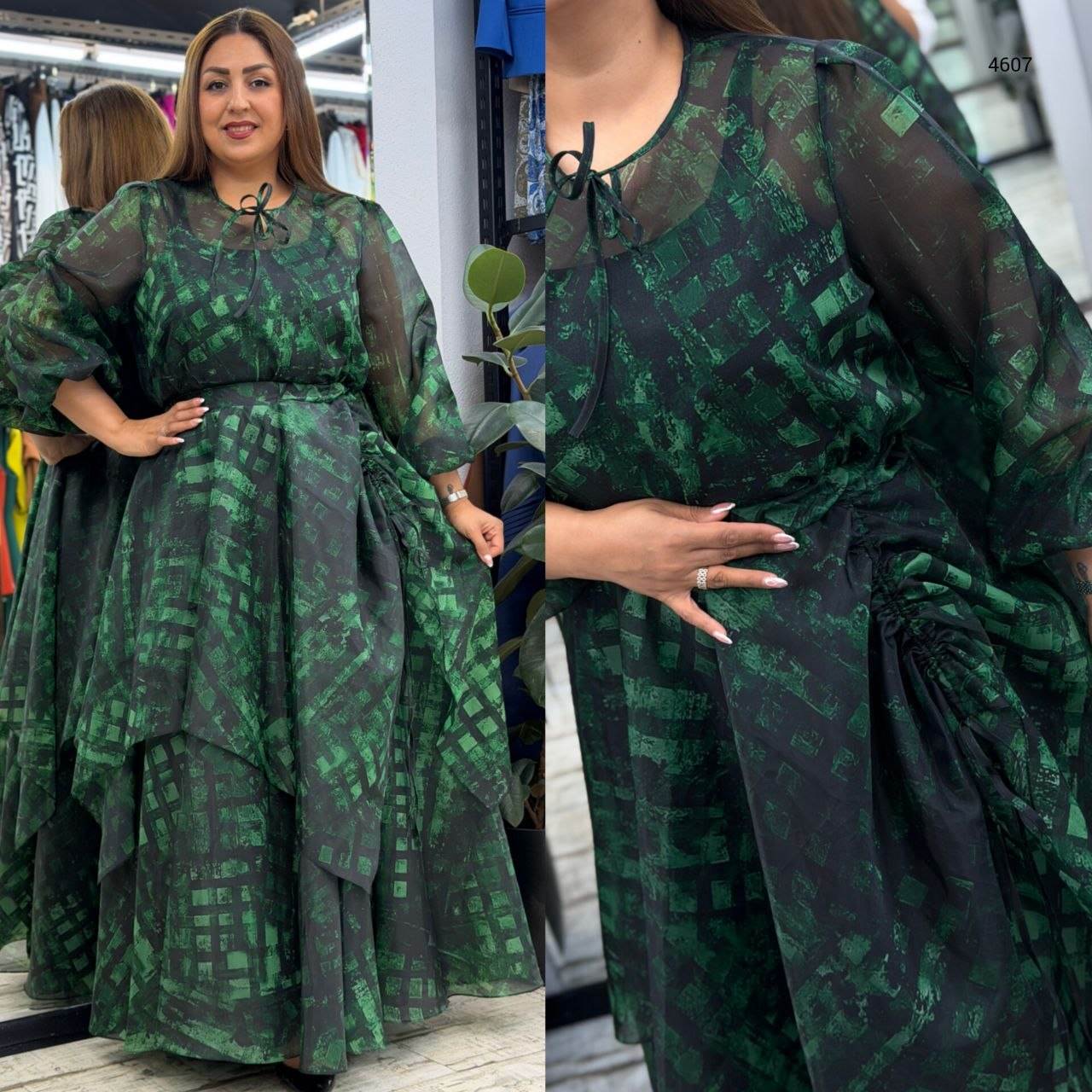 Women’s Round Neck Tie Detail Long Balloon Sleeve Patterned Maxi Dress