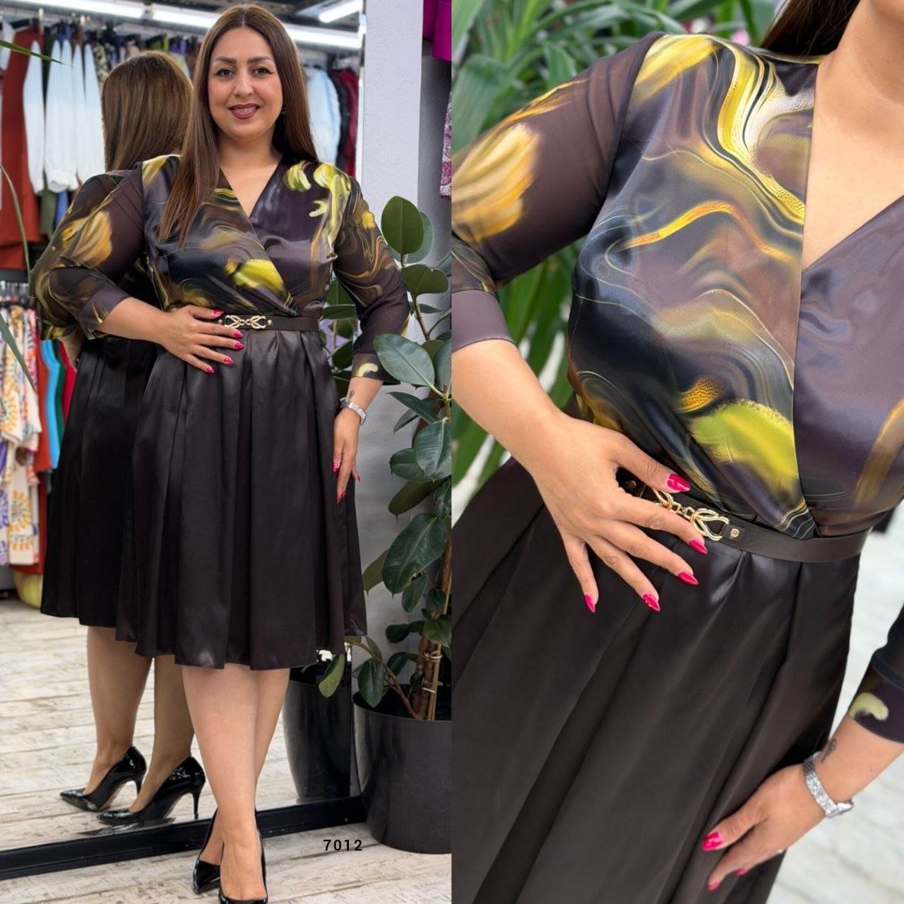 Printed Wrap Neck Belted Dress