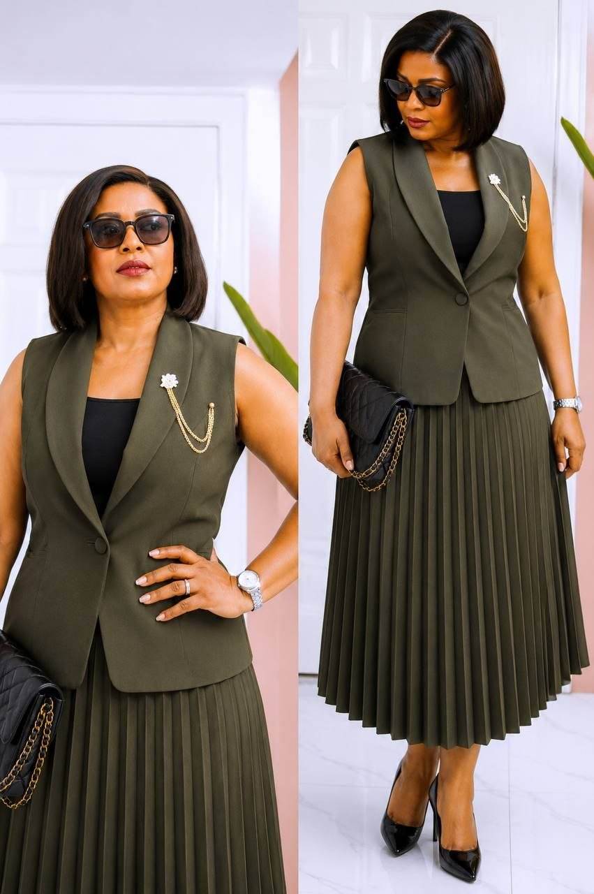 Women’s Shawl Collar Single Button Brooch Detail Sleeveless Vest and Pleated Midi Skirt Set
