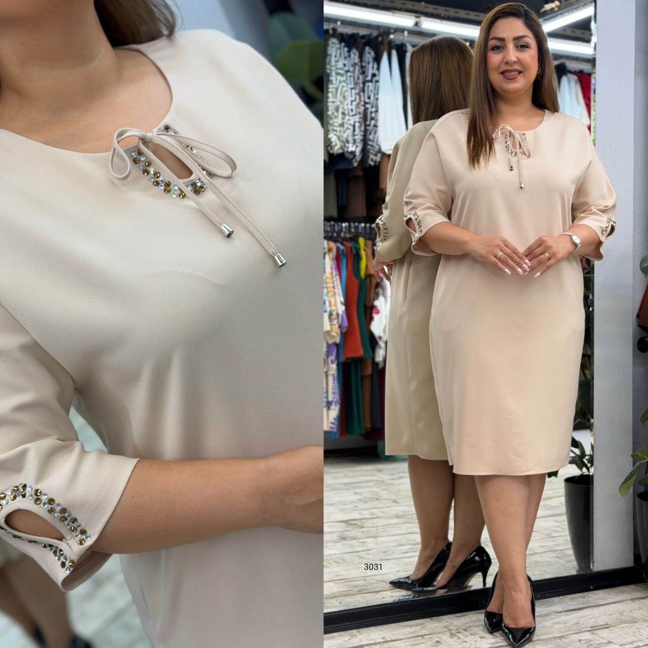 Women’s Round Neck Tie Detail Rhinestone Sleeve Detail Knee-Length Dress