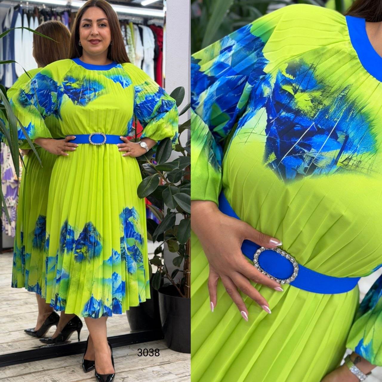 Pleated Patterned Midi Dress with Belt and Round Neck Detail