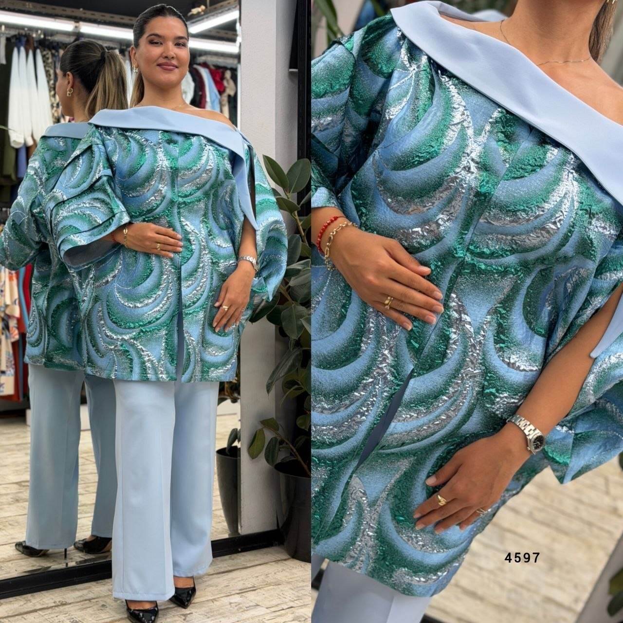  Jacquard Tunic & Wide-Leg Pants Set