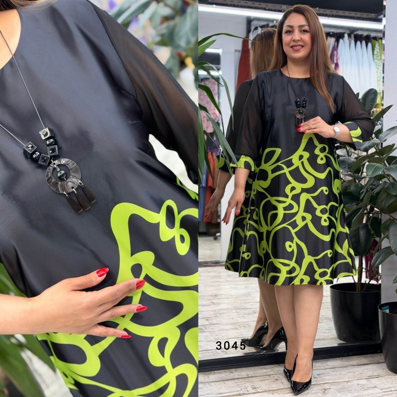 Women’s Patterned Midi Dress with Sheer Sleeves and Necklace Detail